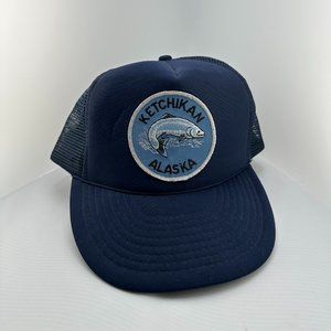Vintage 80s Ketchikan Alaska Stitched Salmon Navy Blu Mesh Trucker Hat Snapback